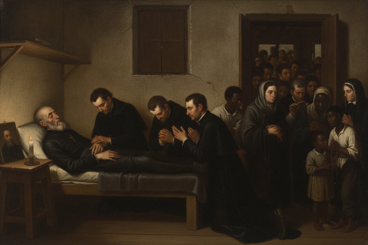 In a bare limewashed room lit by one candle, a very old white-bearded priest in a black soutane lies dying on a low bed while four Jesuits kneel and pray at his side and a crowd of Spanish and African townspeople, some weeping, some holding beads, presses through the open doorway behind them.