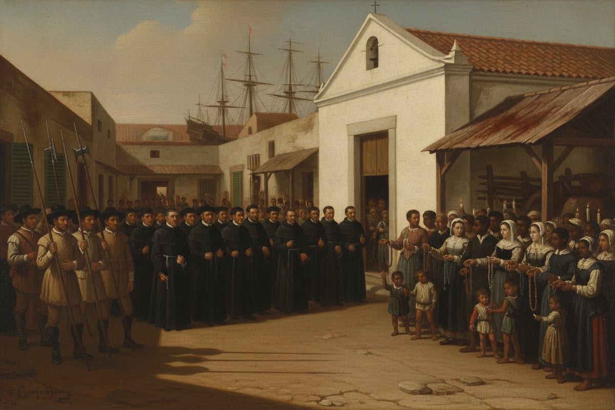 A painting of a small whitewashed church with an open door on a hot square in a walled port city, a file of soldiers with halberds and a long body of black-robed clergy and religious approaching it from the left, a crowd of townspeople and African men, women and children waiting at the door with rosaries and candles, and the masts of ships rising beyond the roofs.