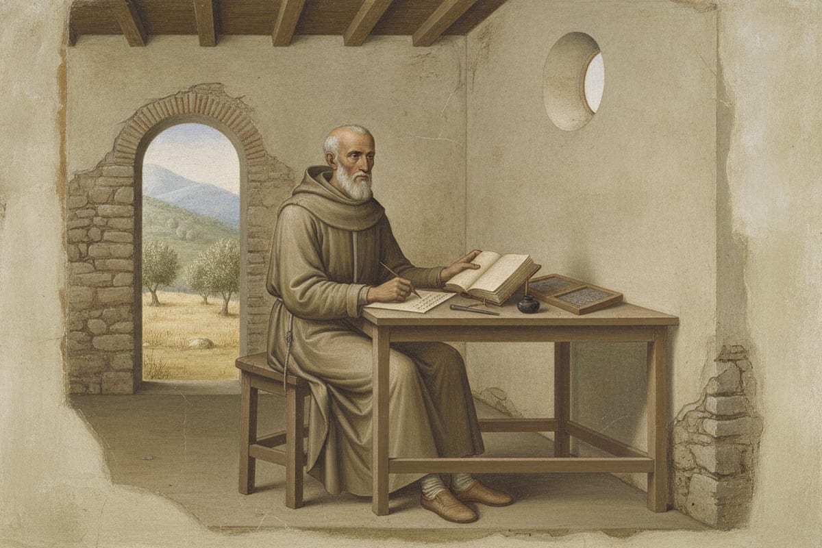A fresco of an elderly tonsured monk in coarse undyed wool sitting at a plain trestle table in a bare lime-washed cell, writing with a reed pen beside an open codex, an inkhorn and hinged wax tablets, with an olive slope and mountain seen through an arched doorway.