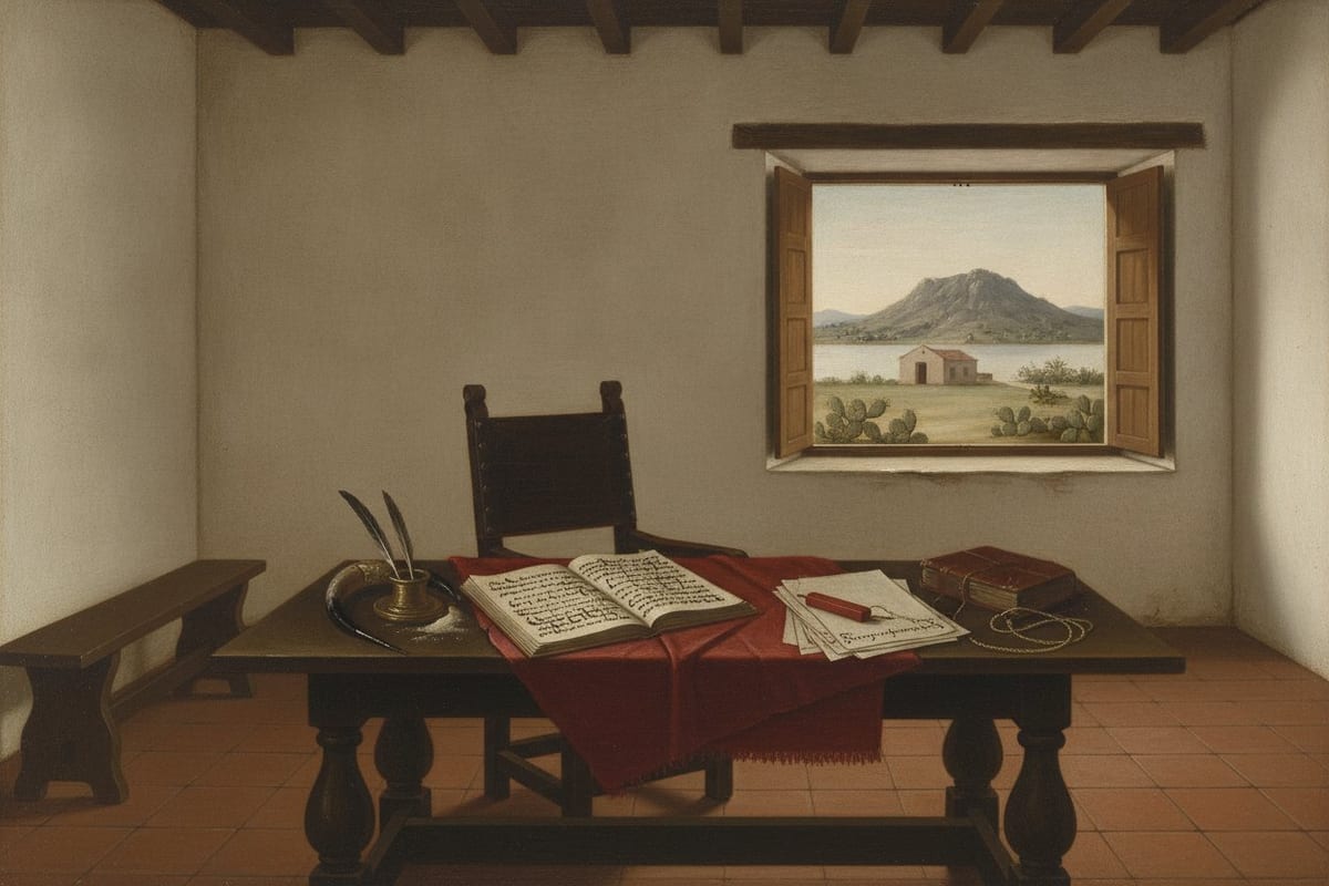 An oil painting of an empty room with whitewashed walls and a beamed ceiling: a dark Spanish table with a red cloth holds an open manuscript, signed folios, quills, an inkwell, sand and sealing wax, with an empty high-backed chair behind it, and an open window looking out to a bare hill with a small adobe chapel at its foot beside a lake.