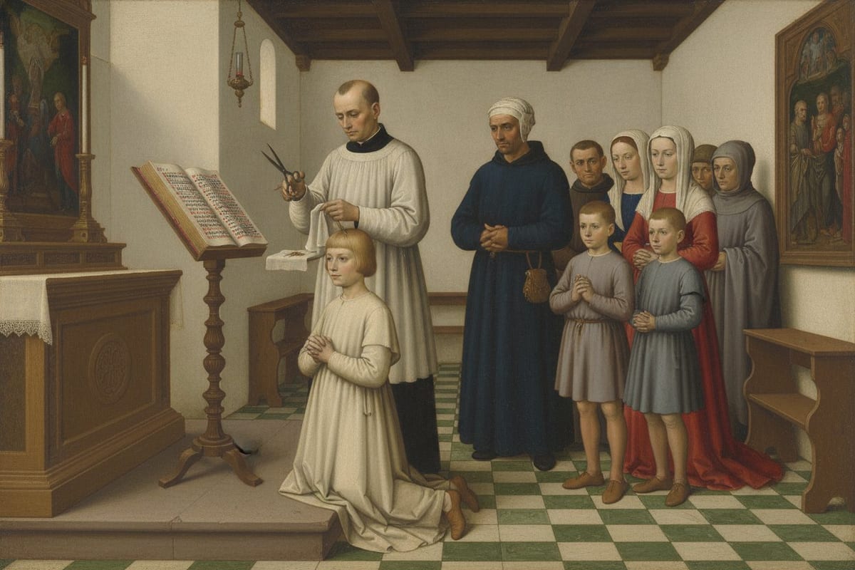 In a plain whitewashed church with a green-and-white tiled floor, a priest in surplice and cassock lifts a lock of a kneeling fair-haired boy's hair with shears in his hand, an open manuscript book on a lectern beside them and the boy's family standing behind in plain wool gowns and veils.