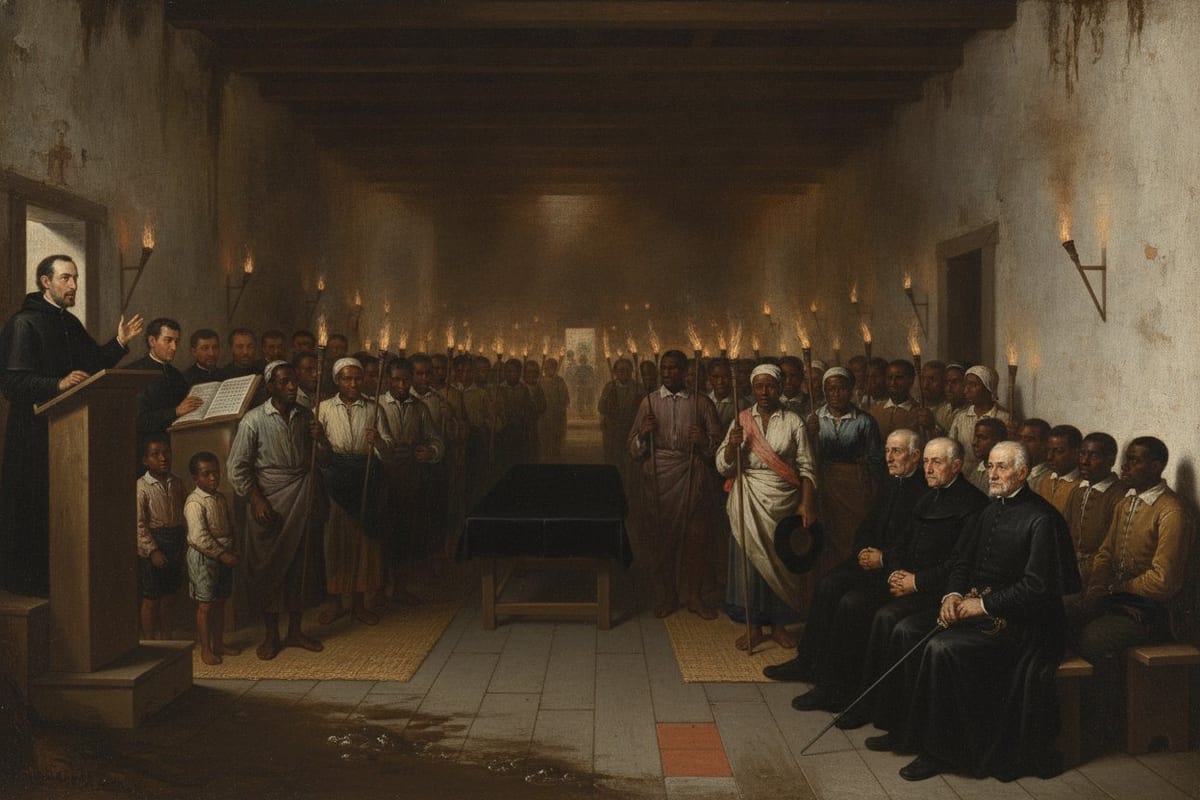 A dark oil painting of a low, damp, whitewashed church packed with African men, women and children holding lighted torches, standing in groups behind men with staffs; a priest preaches from a timber pulpit at the left beside a choir at a lectern, an empty bier under a black cloth stands on the floor, and Spanish officials in black sit on benches at the right.