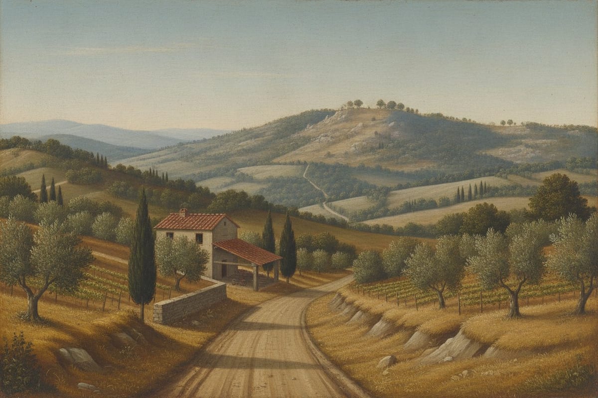 A painted landscape of Tuscan farmland: an empty rutted dirt road curving away past a small tiled farmhouse, olive trees, cypresses and staked vine rows, with wooded hills beyond and a bare-crowned ridge on the far skyline. No people are in the picture.