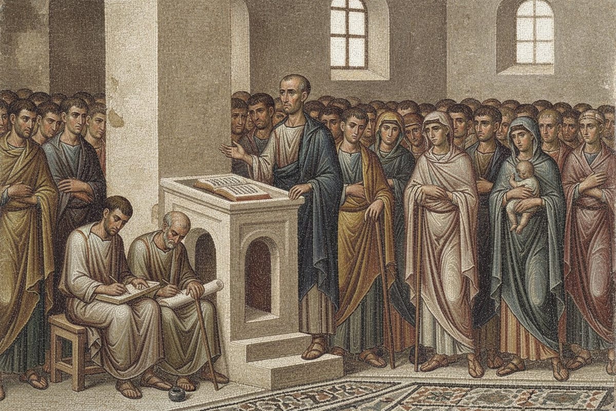 A Byzantine-style wall mosaic of a short, balding priest in a plain tunic and dark cloak speaking from beside a stone reading desk with an open codex on it, two notaries writing at his feet and a packed congregation of men and women pressed in around him under high windows.