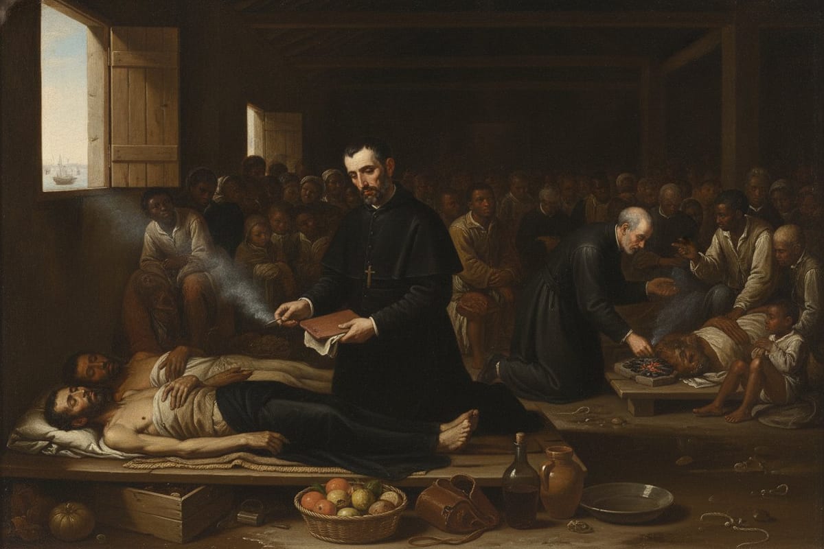 A dark oil painting of a bearded Jesuit priest in a black soutane with a small crucifix at his breast, eyes cast down, kneeling on a plank platform in a crowded harbour warehouse and fanning smoke from a heap of coals over two gravely ill men, his cloak laid across them, with a second older priest tending another sick man on the right, a crowd of African men, women and children behind, and baskets of fruit, a wine flask, a water jar and a basin on the ground in front.