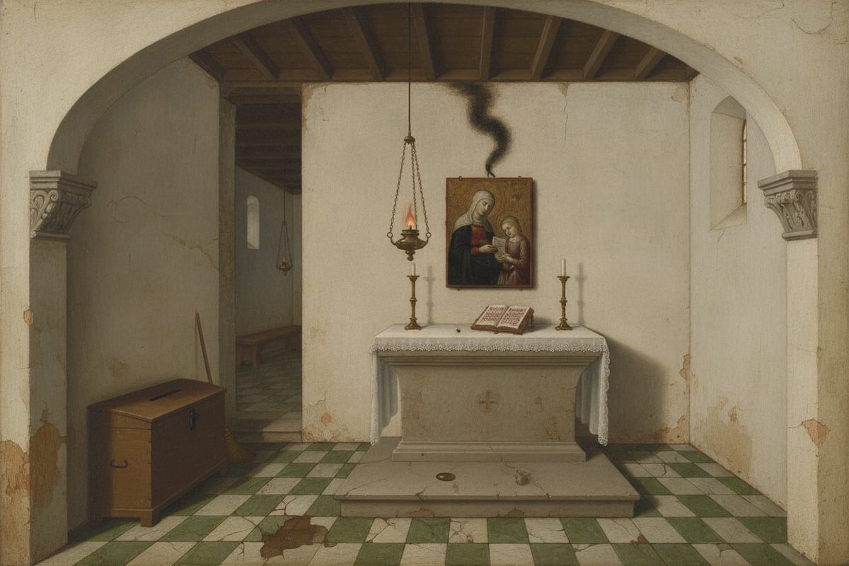 An empty stone chapel with a green and white tiled floor, seen at a child's height through a low pointed arch: a linen-covered altar with two candlesticks and an open handwritten book, a small painted panel of St. Anne teaching the Virgin to read on the wall above it, and a brass lamp burning on three chains before the altar.
