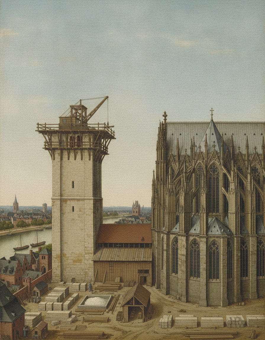 A panel painting of the unfinished cathedral of Cologne seen from the south: at the right the completed stone choir with its steep roof, flying buttresses and tall windows; at the left the south tower standing as a squared stump ringed with timber scaffolding, a wooden lifting crane on its flat top; between them a low boarded wall under a red tiled roof closing off the western end, with a yard of stacked stone blocks, a lime pit and sawn timber below, and beyond, the tiled roofs of the city and the grey Rhine with two barges at the bank.