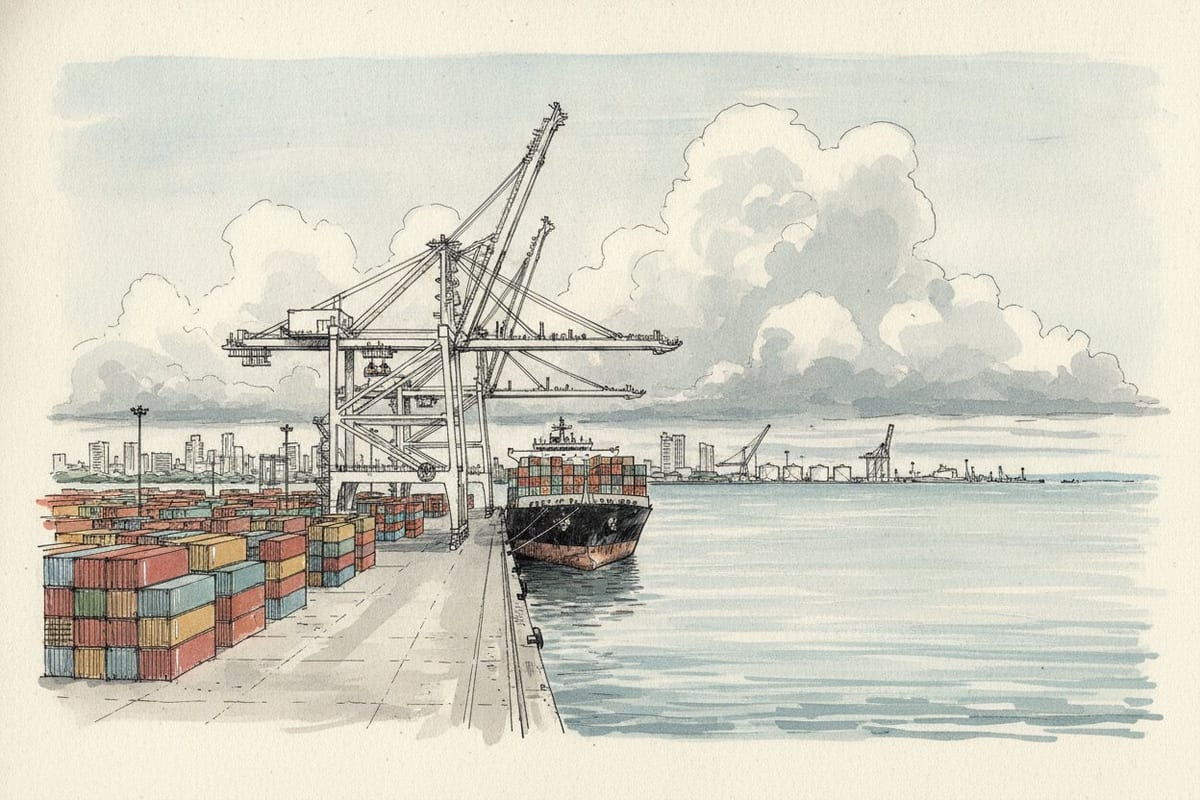 An ink-and-wash drawing of a container terminal on a wide bay: gantry cranes stand along the quay above a moored container ship, rows of stacked shipping containers fill the left of the sheet, and the empty concrete apron runs out towards the water, with no people anywhere in the scene.