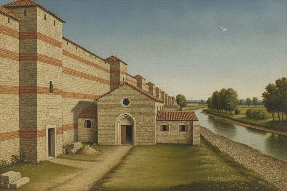 A painted view along a banded Roman town wall with squat tiled towers, a small newly built stone church and low convent ranges standing on the empty grass between the wall and a shallow river, with a single white bird high in the sky.