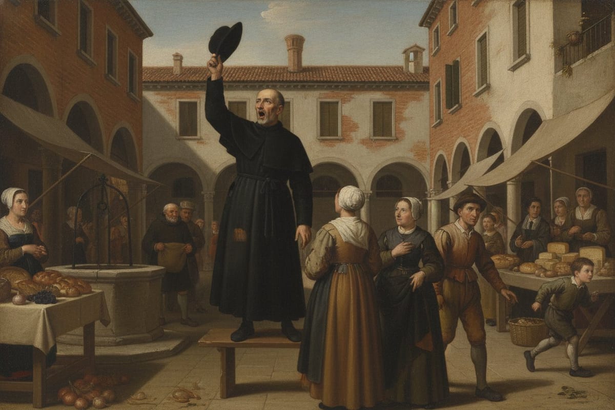 In a sunlit market square ringed by arcaded brick and plaster houses, a small, balding, bearded man in a plain black cassock and cloak stands on a low wooden bench, his mouth open in a shout and a black hat raised above his head, while market women, tradesmen and a running boy turn towards him among tables of bread and cheese.