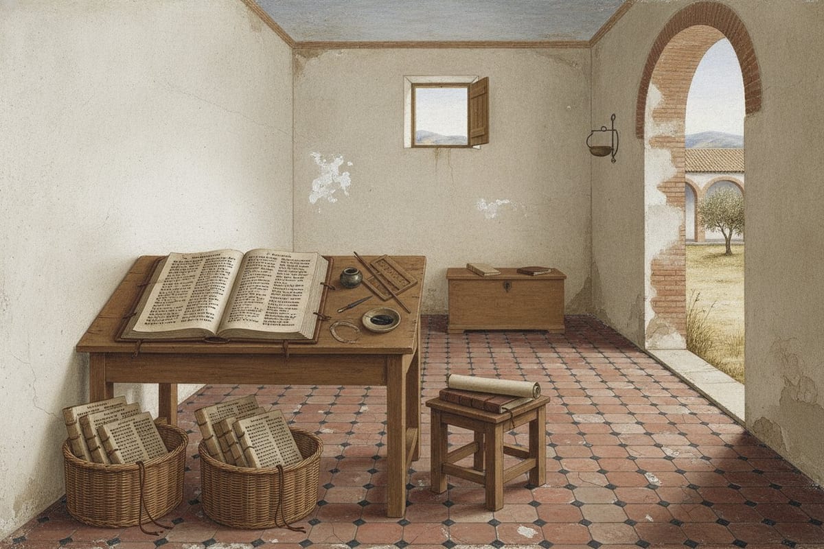 An empty whitewashed room in a Roman African church: a large parchment codex lies open on a plain wooden desk with reed pens, an inkwell and wax tablets beside it, wicker book-boxes of codices stand on the tiled floor, and a round-arched doorway opens on a sunlit courtyard with an olive tree.