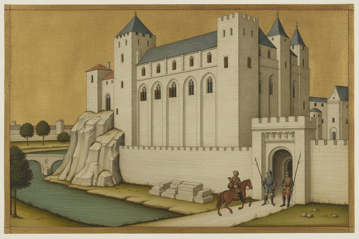 A flat gold-ground panel painting of a great pale limestone palace with crenellated towers and steep grey roofs standing on a rock above a green river, a courier riding out through an open gate in a new unfinished stone wall, past two spearmen in mail.