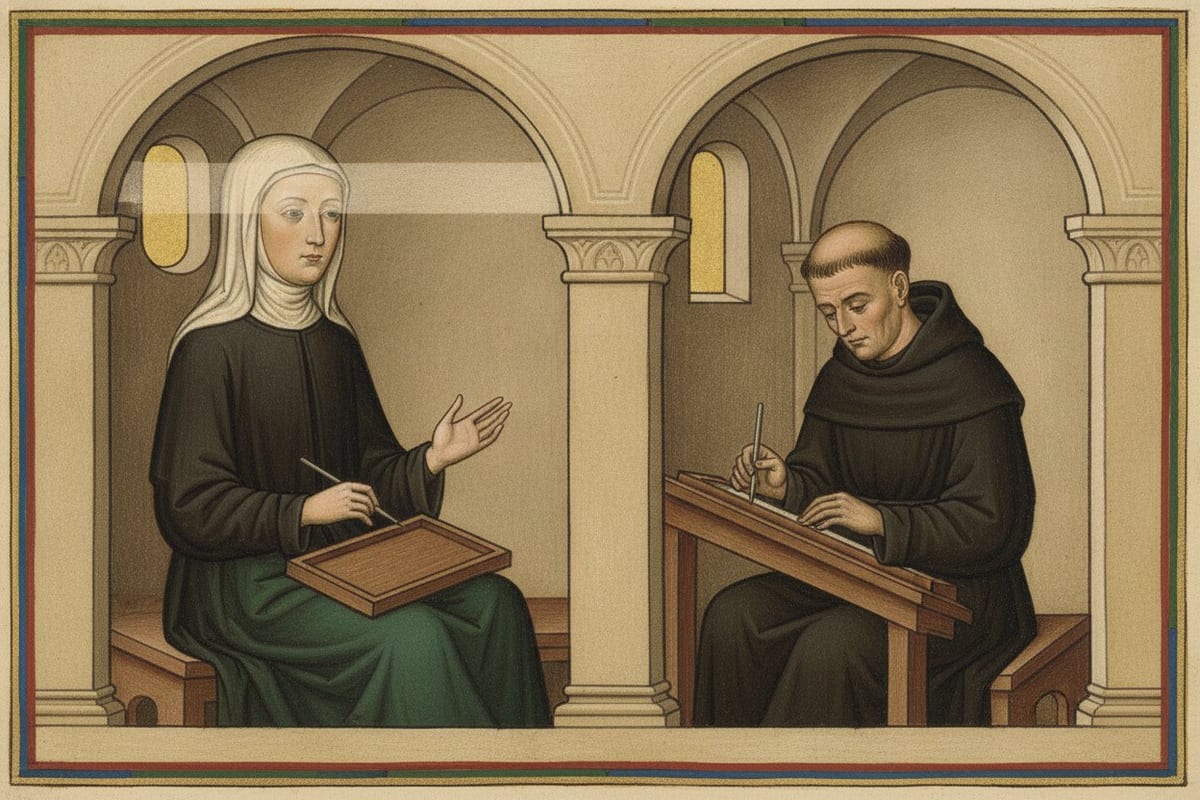In a round-arched stone chamber, a nun in a black habit and white veil sits with a wax tablet on her knee and a stylus in her hand, one hand raised as she speaks, while in the next bay a tonsured monk bends over a writing slope and writes down her words.