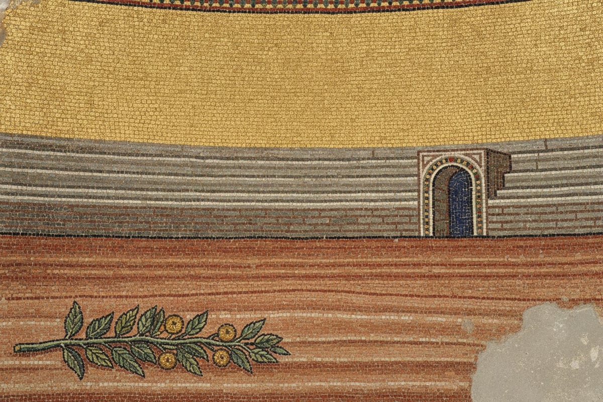A mosaic of an empty arena floor of raked red sand below tiers of empty stone seats and an arched gateway, with a gold ground above and a single green branch bearing golden apples lying on the sand.