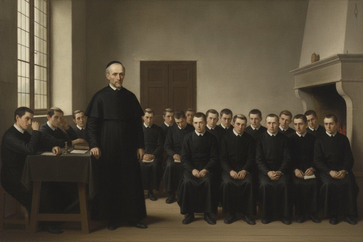 A plain, balding priest in a worn black cassock and skullcap stands beside a cloth-covered table in a bare lime-washed hall, speaking without gesture to some twenty young men in black cassocks seated in rows before him.