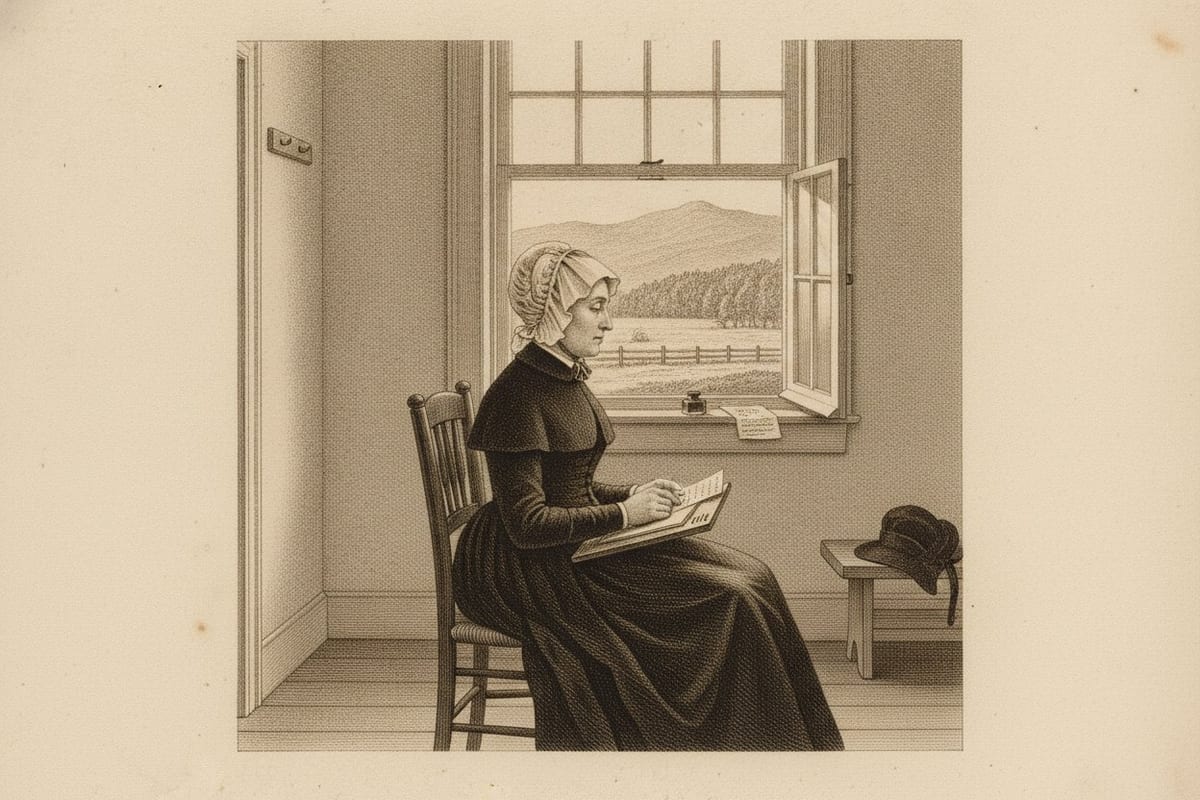 An engraving of a small, slight woman in a black gown, short black shoulder cape and white crimped cap, seated in strict profile beside an open twelve-paned window with a writing slope on her knees, an inkstand on the sill, a black bonnet set down on a bench by the door, and a mown field, rail fence and wooded mountain beyond the window.