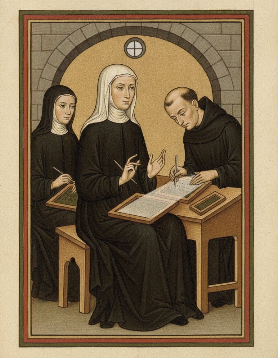 A manuscript-style illumination of a nun in a black Benedictine habit and white veil seated at a low writing desk under a round stone arch, one hand open as she speaks, with a tonsured monk on her right and a younger nun on her left, each writing on a wax tablet with a metal stylus.