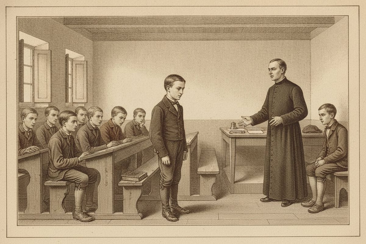 A sepia engraving of a single-room village school: a slight boy in a dark buttoned jacket stands alone in the open floor, head lowered and hands at his sides, while a priest in a black cassock speaks to him across a table at the front and rows of village boys watch from plank benches.