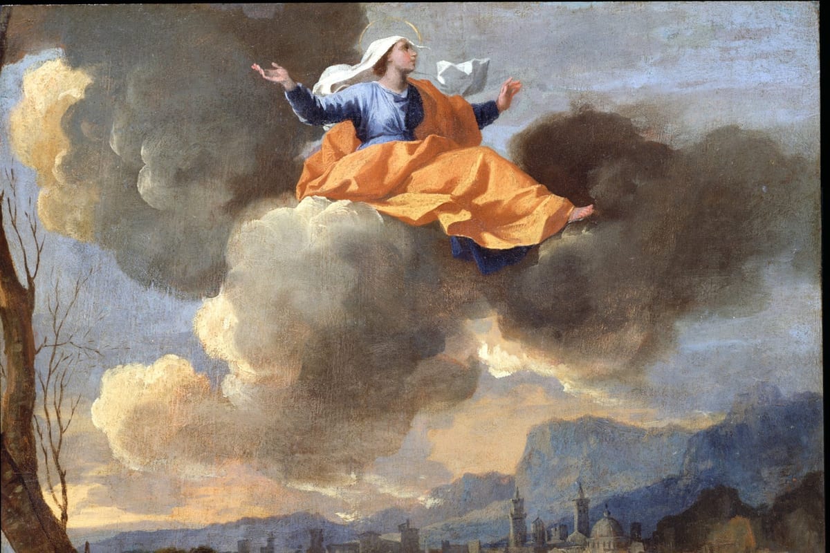 A nun in a dark habit and orange mantle, haloed, is carried upward on billowing clouds with arms raised, a walled hill town and mountains visible below.