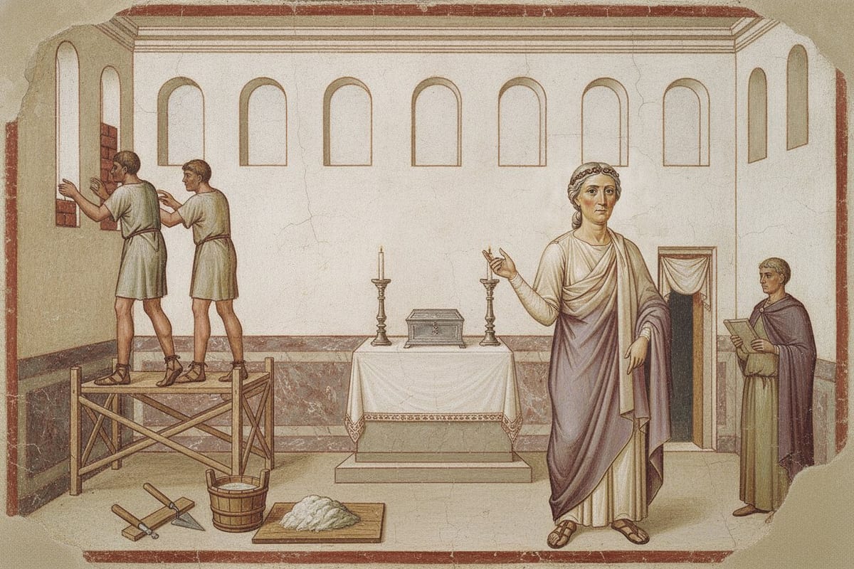 A wall painting of an elderly Roman woman in a purple mantle and jewelled headband speaking to masons who are bricking up a window in a great hall, with a closed silver casket and two candlesticks on a draped altar behind her.