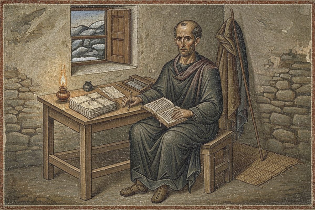 A mosaic of an elderly, gaunt man in a plain dark tunic and heavy cloak sitting at a wooden table in a bare stone room, an oil lamp beside a tied bundle of parchment leaves, an open book under his hand, a travelling cloak and staff against the wall and snow on the rocks outside a shuttered window.