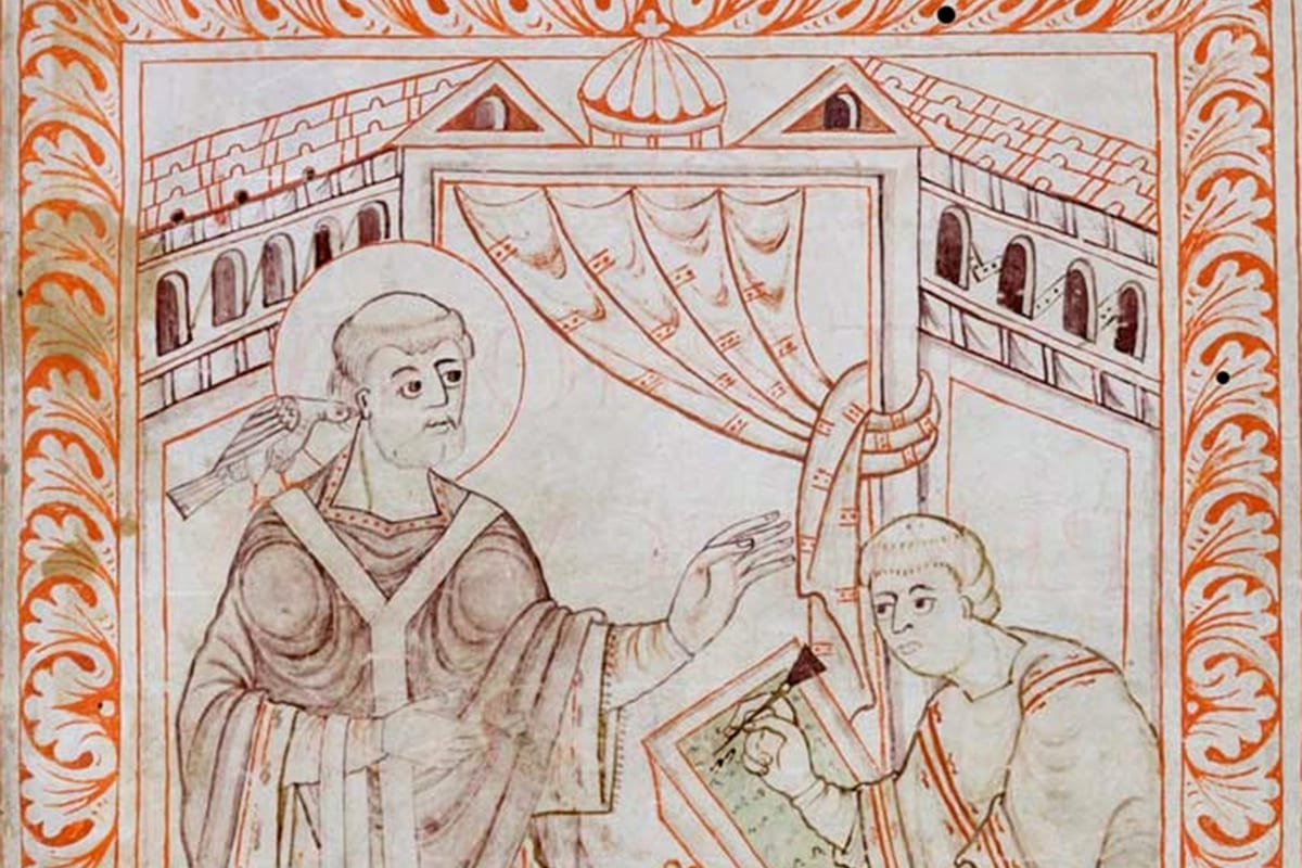 A line drawing in reddish-brown and orange ink on parchment: a tonsured, haloed pope in vestments raises one hand in speech, a dove perched at his ear, while a seated scribe beside him writes on a hinged wax tablet, framed by an arcaded building and an acanthus-leaf border.