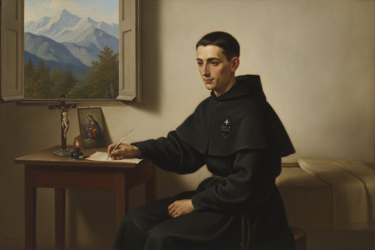 A young Passionist student in a black habit with the heart-shaped Passionist Sign on his breast sits at a small wooden table writing with a quill, a crucifix, an oil lamp and a small painting of Our Lady of Sorrows beside him, mountains visible through the open window.