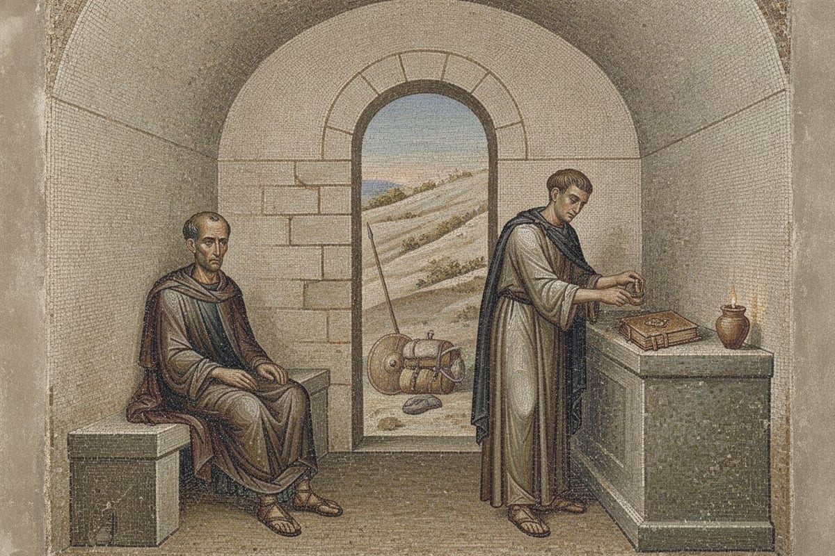 A mosaic of a thin, balding elderly man in a dark tunic and heavy brown cloak sitting exhausted on a stone bench inside a small vaulted stone chapel, while a priest sets a lamp beside a Gospel book on the altar and a spear, shield and pack lie on the dry hillside outside the open door.