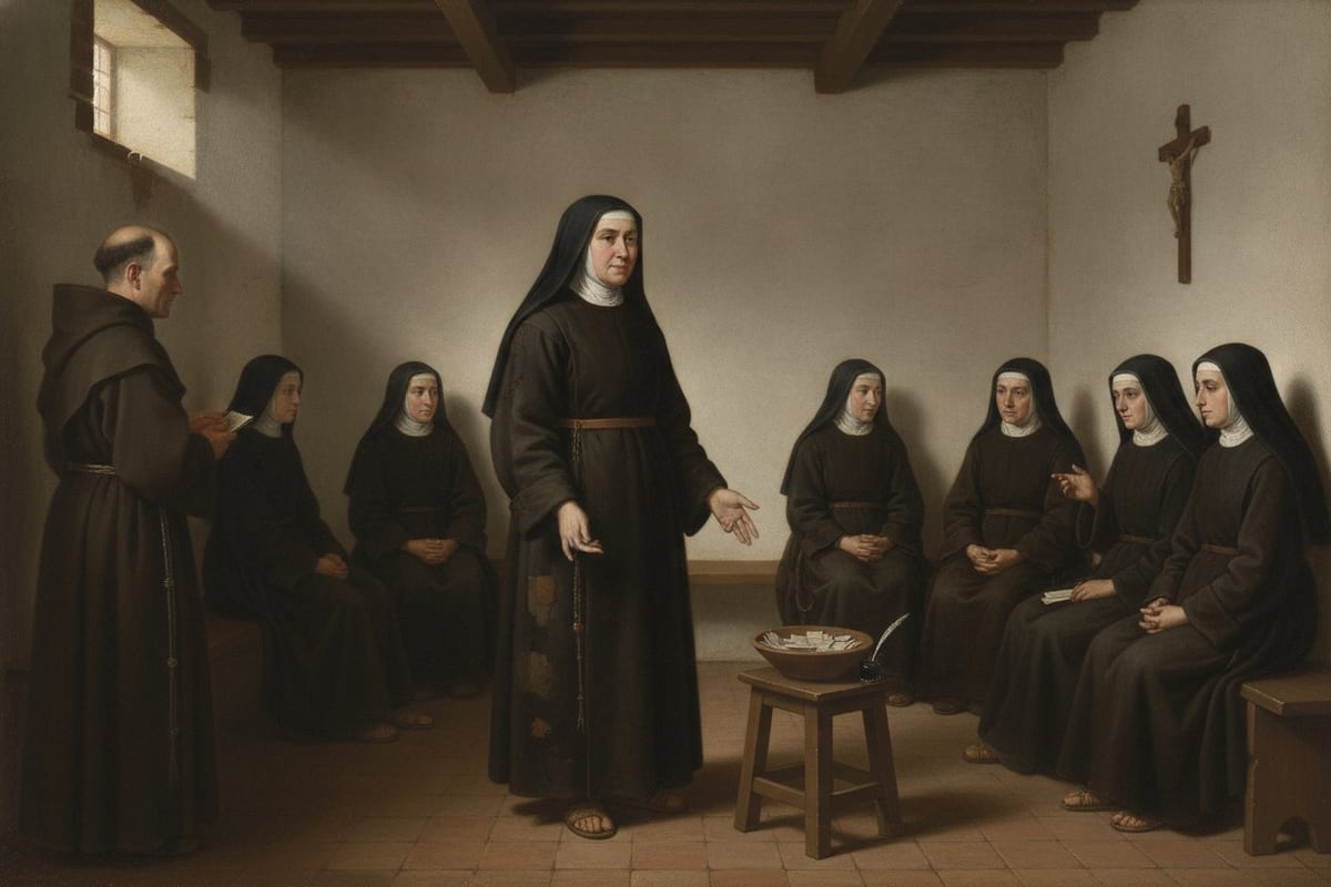 An oil painting of an elderly Carmelite nun standing in a bare whitewashed chapter room with her hands open at her sides, seven nuns seated along the benches around her, a friar at the left, and a wooden bowl of folded paper ballots with a quill and inkwell on a stool in the middle of the floor.