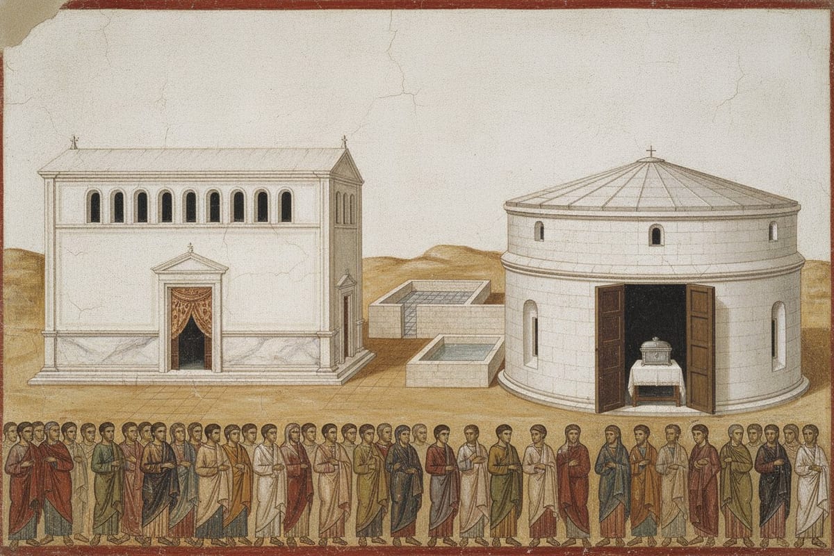 A wall painting inside a red border showing two new white stone churches across a dusty court — a long hall church with a row of arched windows on the left and a round domed building on the right, its timber doors open on a small silver case resting on a cloth-covered table — with a line of townspeople in plain tunics and mantles ranged along the foot of the picture.