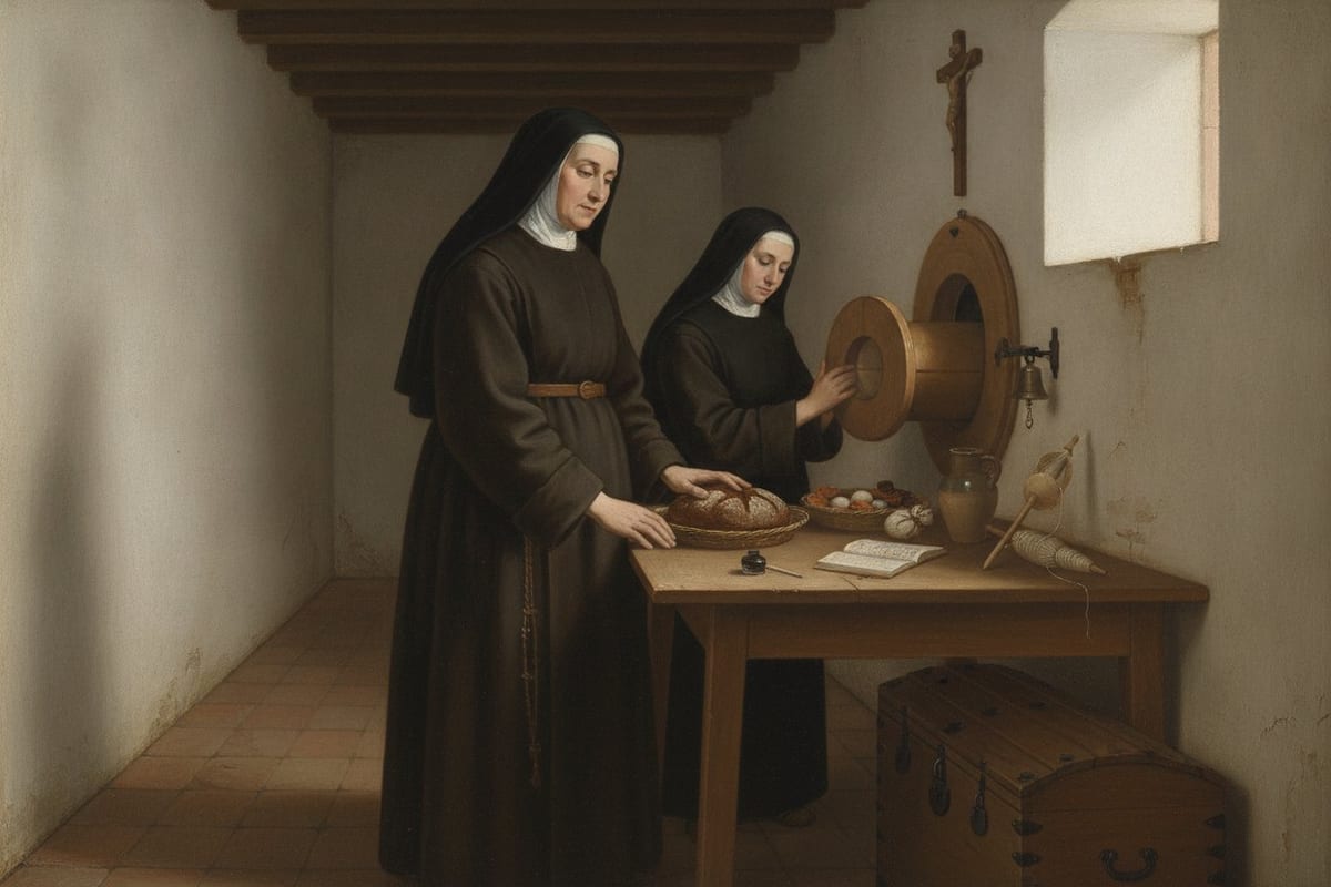 In a low whitewashed convent passage, an elderly nun in a coarse brown-black habit and black veil looks down at a loaf of bread, eggs and figs set on a plain wooden table, while a younger nun steadies the revolving wooden turn in the wall behind her.