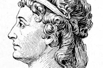 A pen-and-ink profile portrait of a woman with curled hair bound by a band, wearing a ruffled collar and shawl, facing left.