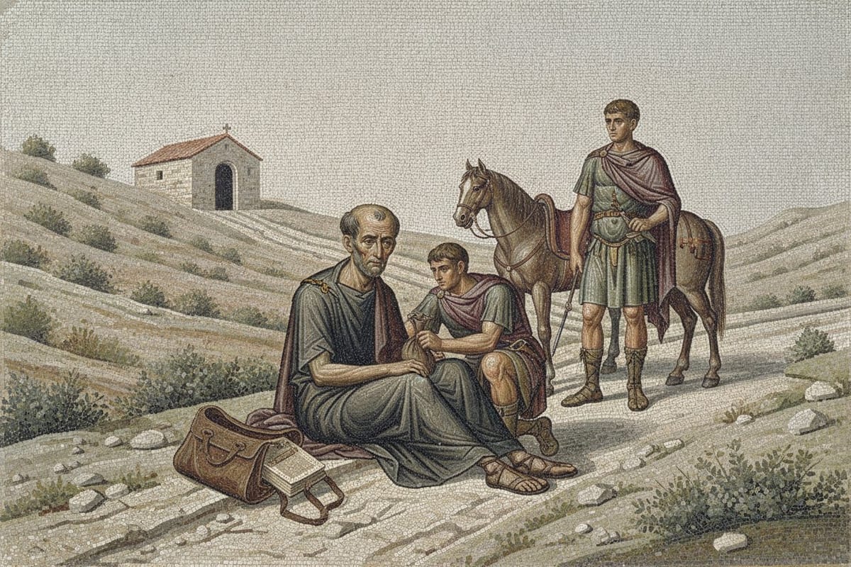 A mosaic of a small, elderly, balding man in a plain tunic and cloak sitting on a stony road on a bare hillside, one soldier crouching beside him with a water skin and another standing by a horse, a fallen satchel and a parchment book at his feet and a small stone chapel on the slope behind.