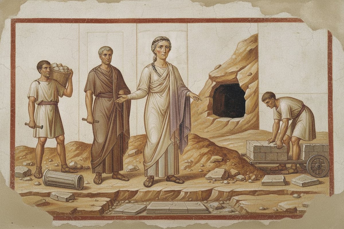A wall painting of an elderly Roman empress in a pale tunic, purple mantle, pearls and a jewelled headband standing on broken ground with her right hand out, directing three workmen with a basket, a pick and a loaded cart, a bishop in a plain mantle beside her and a dark hollow cut into the ochre rock behind.