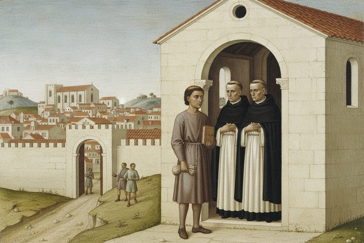 A painted scene in which a slight, dark-haired boy in a plain belted wool tunic and hose stands on a stony road outside a small stone church, a cloth bundle in one hand and a closed clasped book under his arm, while two older canons in white tunics and black cloaks wait in the round-arched doorway and the walled city with its open gate rises behind him.