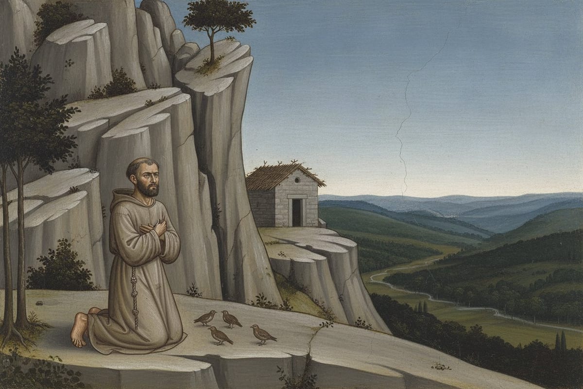 A small, gaunt friar in a hooded undyed tunic tied with a knotted rope kneels barefoot on a grey mountain ledge, hands drawn to his chest and face lifted toward an empty sky, with four small birds on the rock beside him and a stone chapel and hut behind him above a wooded valley.