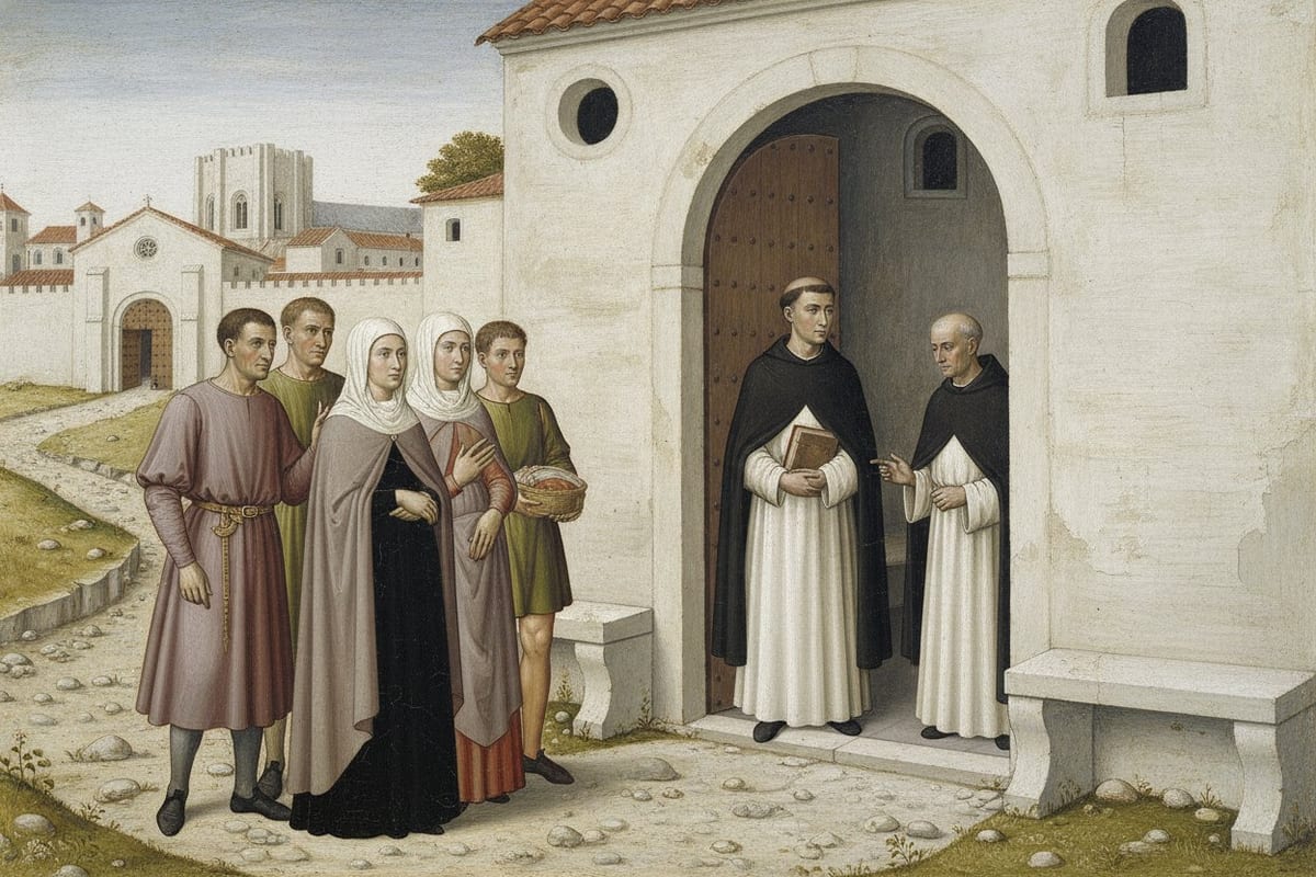 A young tonsured canon in a white tunic and black cloak stands in the open gateway of a monastery holding a closed book against his side, an older canon at the door beside him, while five townspeople wait on the road outside with the walled city behind them.