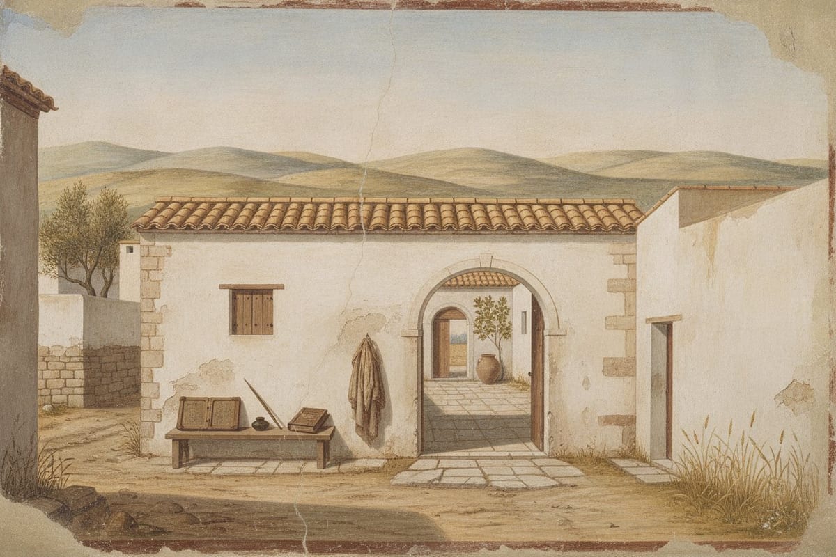A painted street scene of a low whitewashed house with a tiled roof and an open round-arched door, a cloak on a peg beside it and writing tablets, a pen, an inkpot and a closed wooden-boarded book on a bench under the window; through the doorway a flagged passage leads to a small courtyard with a water jar and a fig tree, and dry hills rise behind the roof. No person appears in it.