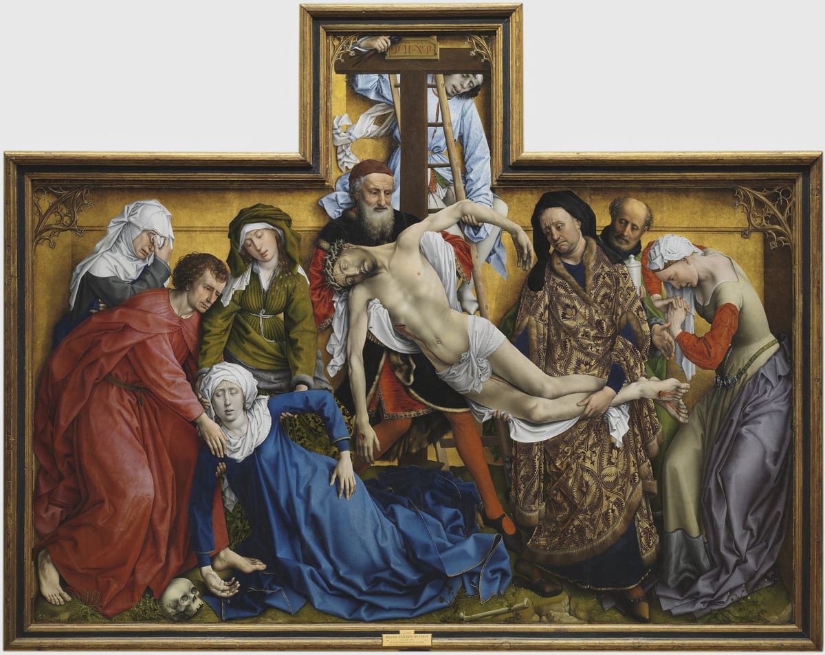 A crowded panel painting on a gold ground: the pale, lifeless body of Christ is lowered from the cross by two men in rich robes, while the Blessed Virgin Mary, in a blue gown, collapses in a mirrored pose at the foot of the cross, supported by St. John the Evangelist in red; other mourning women in headcoverings stand and kneel around them, with a skull and bones on the ground below.