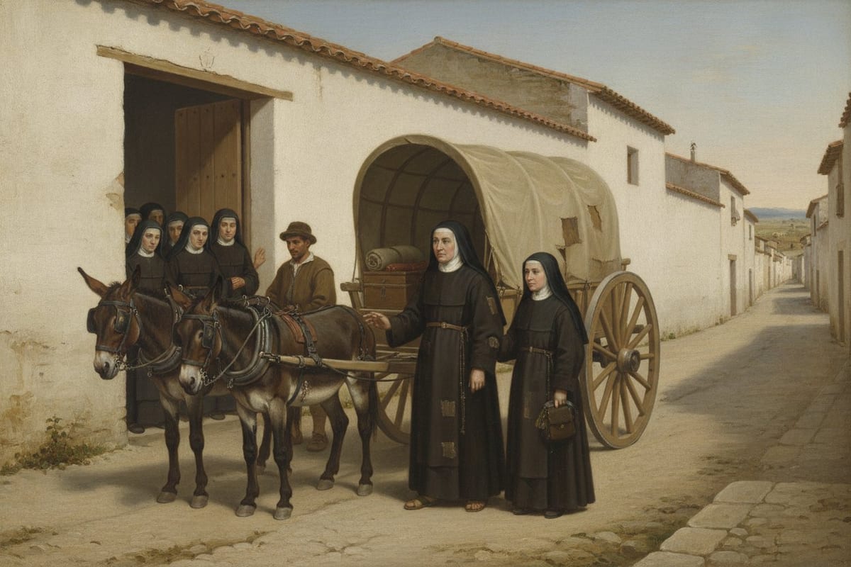 An elderly nun in a patched dark brown-black Carmelite habit, white coif and black veil stands in a dusty whitewashed street beside a covered mule cart, one hand raised in farewell, while a younger nun waits at her side with a satchel and other nuns watch from the convent doorway.