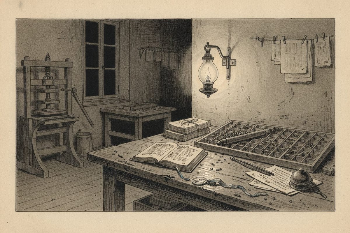 An ink-and-wash drawing of a printer's workshop at night: a small devotional book lies open on a scrubbed bench beside a case of lead type and a composing stick, a medal on a blue ribbon among the loose type, a gas burner on the wall lighting the bench while a hand press and drying sheets stand in the dark behind. Nobody is in the room.