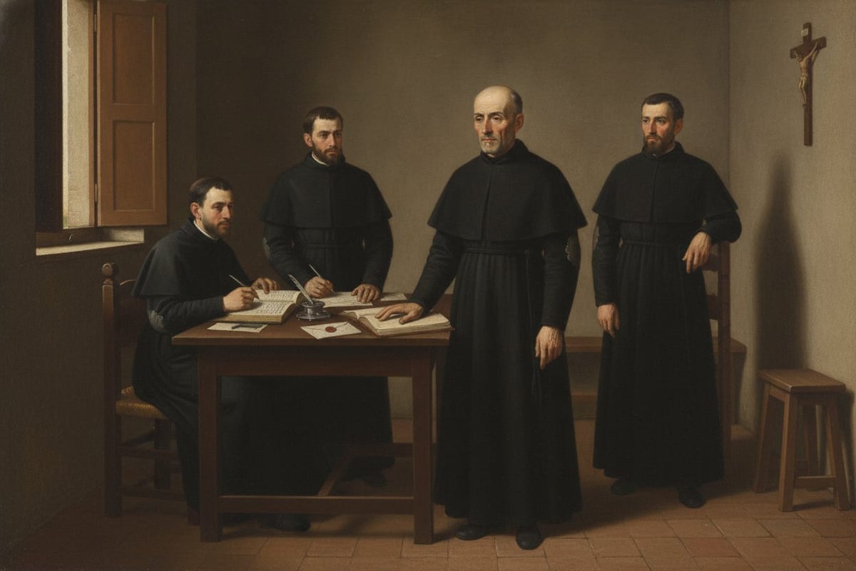 In a small bare room with a shuttered window and a tiled floor, an elderly bald, grey-bearded priest in a black cassock stands at the end of a table with one hand resting on an open book, while three younger priests in black sit and stand over papers, a quill and an inkstand.