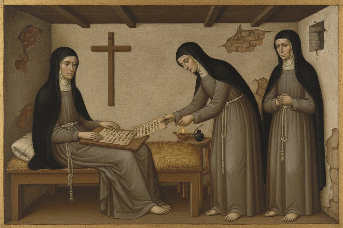 A panel painting of a thin, veiled woman in a coarse grey-brown habit sitting on a low bed in a bare stone cell, written leaves on a board across her knees, an oil lamp burning on a stool beside her, and two barefoot sisters standing at the foot of the bed, one bending to take a leaf from her.