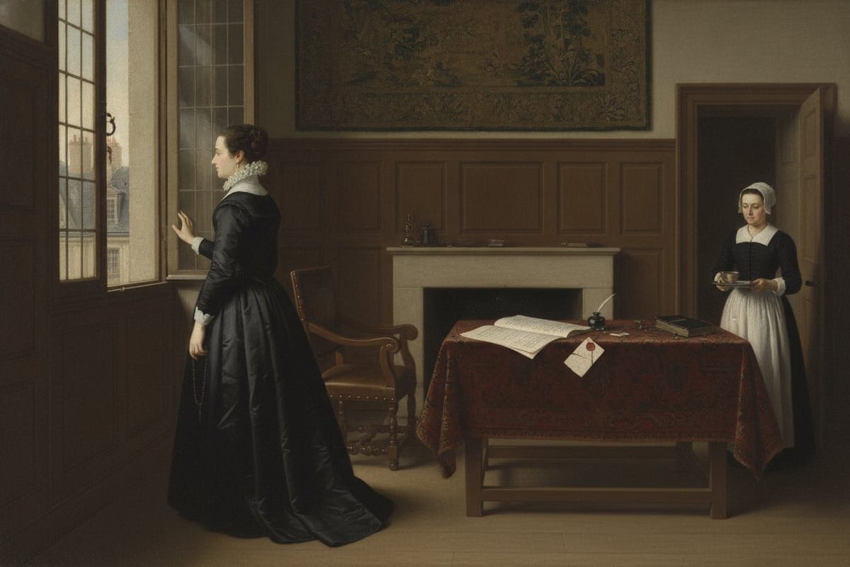 A painted interior: a woman in a black gown stands at a tall leaded window with her back to the room, an opened letter and a second sheet with a broken red seal lie on a carpet-covered table, and a servant waits by the door with a cup on a tray.