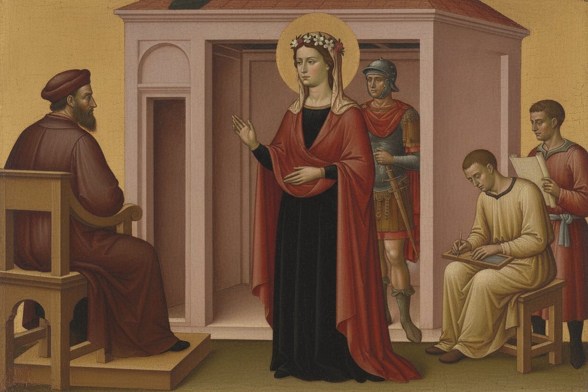 In a gold-ground panel painting, a young woman in a black gown, red mantle and white veil, wearing a circlet of roses and lilies and a gold halo, stands with one hand raised in speech before a bearded magistrate seated at the left, with a soldier behind her and two clerks writing at the right.