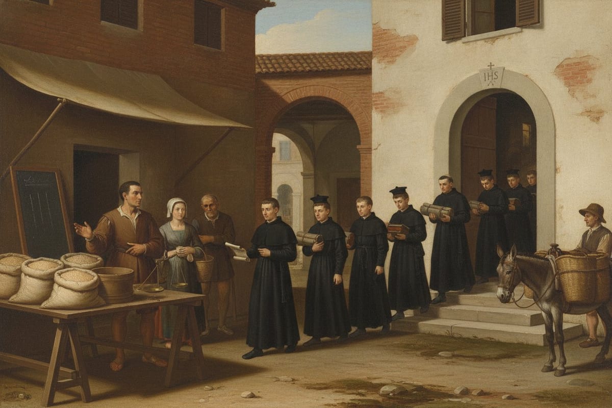 An oil painting of a Roman street on a bright morning: at the left, open sacks of wheat on trestle boards under an awning, a dealer holding up an empty hand to three townspeople who do not buy; at the right, a file of young men in plain black cassocks and caps carrying bedding rolls, books and boxes down the steps of a gate marked with a small carved IHS, past a loaded mule and its carter.