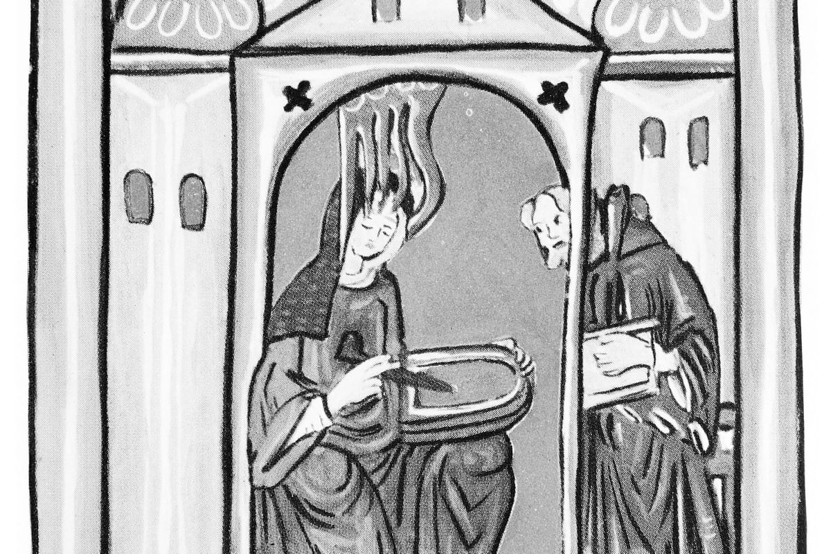A medieval illumination of a nun with flames rising from her head, holding a wax tablet and stylus, standing in an arched doorway; behind her a tonsured monk looks through a window and a woman in a habit holds a book.