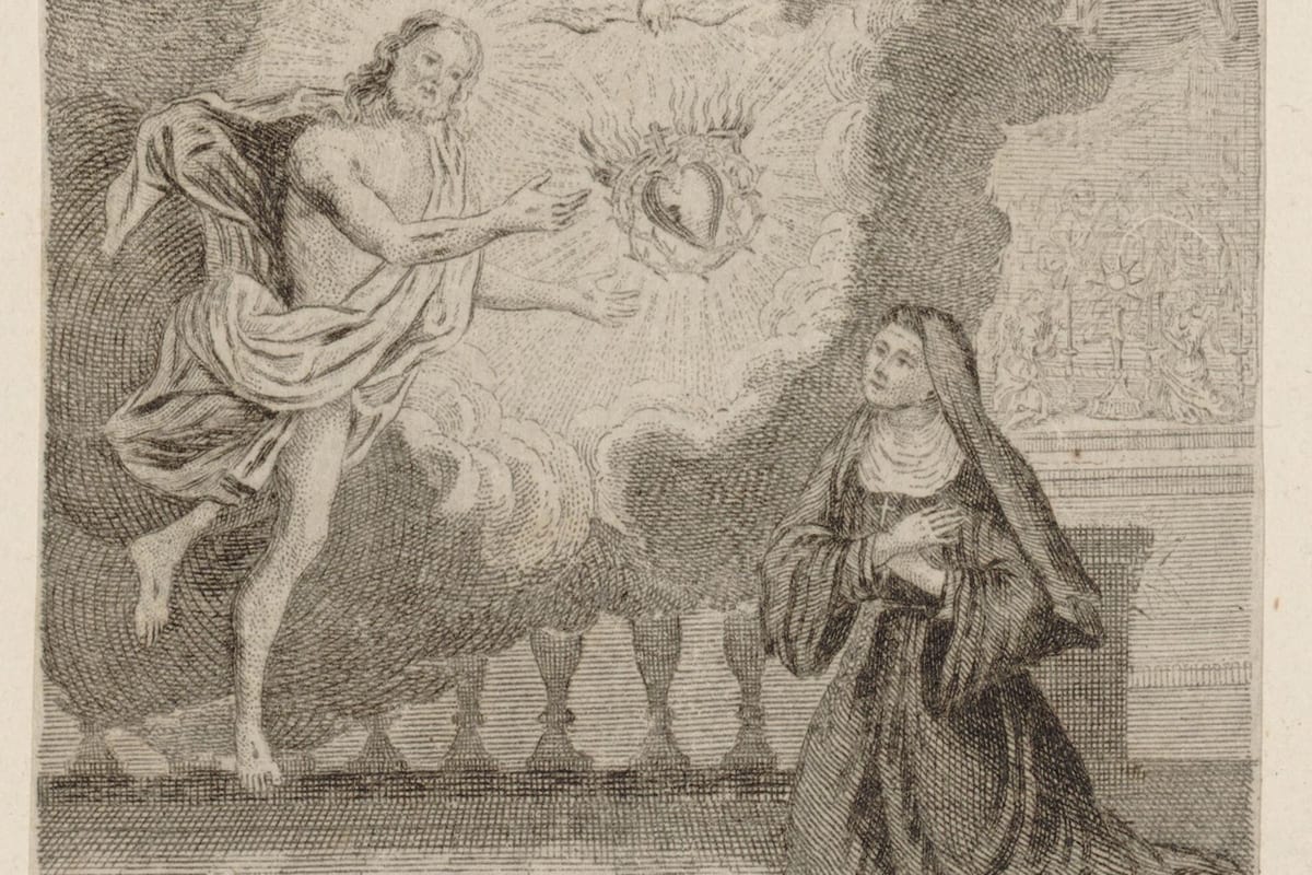 An engraving showing Christ, robed and haloed, extending his hand toward a flaming, thorn-crowned heart in the clouds, while a kneeling nun in a Visitation habit looks up at the vision from a balustraded terrace, an altar visible behind her.
