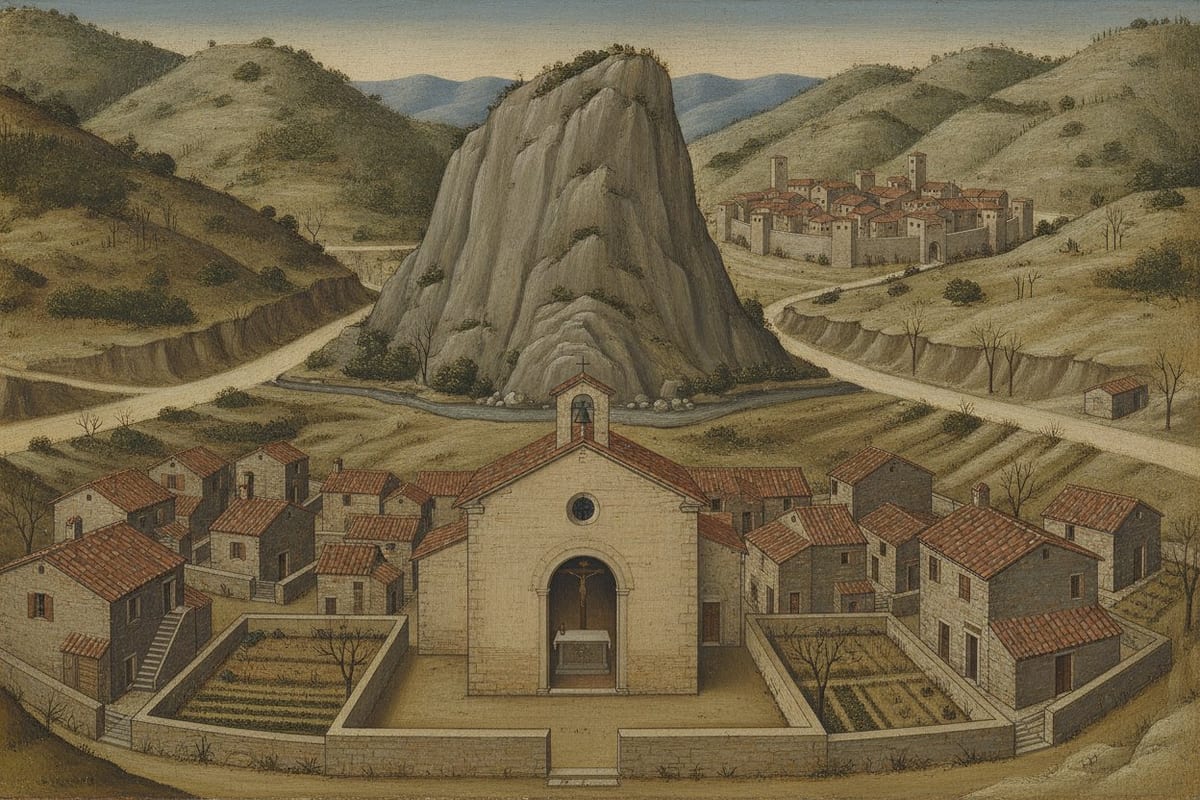A small tempera panel of a mountain hamlet: a plain stone parish church with an open round-arched door, through which a dark wooden crucifix hangs above a stone altar, houses with red tiled roofs and walled kitchen gardens around it, a high grey rock spur rising behind with a river and a pale earth road passing either side of its foot, and a walled hill town on the slope beyond.
