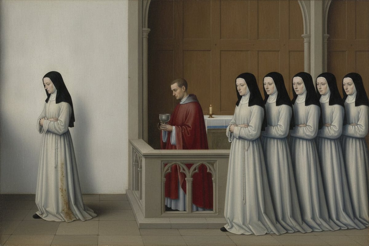 A painted church interior: a line of nuns in white habits and black veils waits at an altar rail while a priest in a red chasuble holds a chalice, and one nun in a worn, stained habit stands alone against a bare white wall at the left, her head bowed and her hands folded.